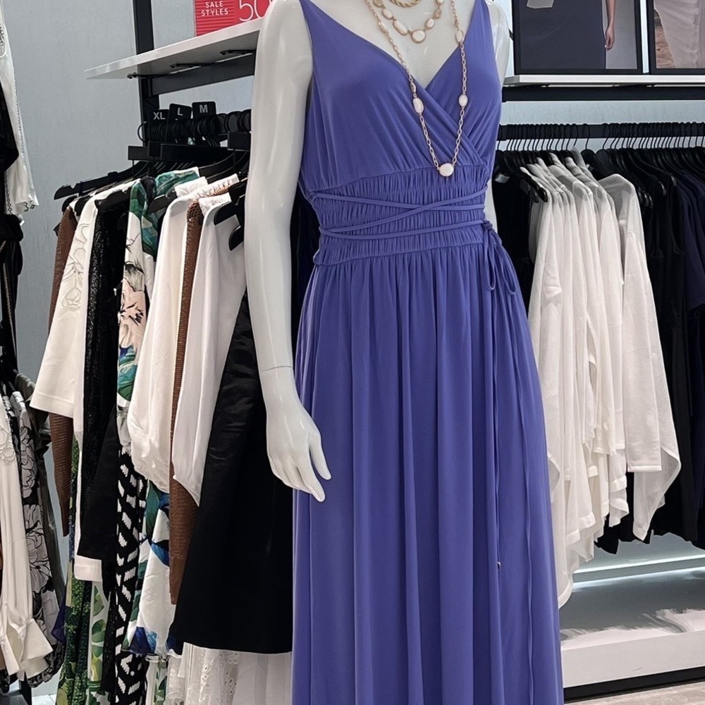 ✨💜White House Black Market WHBM Purple PeriwinkleV-Neck Ruched Maxi Dress Size M - Picture 5 of 16